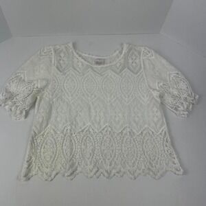 Luna White Lace Cropped Blouse Puff Sleeve Cottage Whimsical Romantic Sz Sm